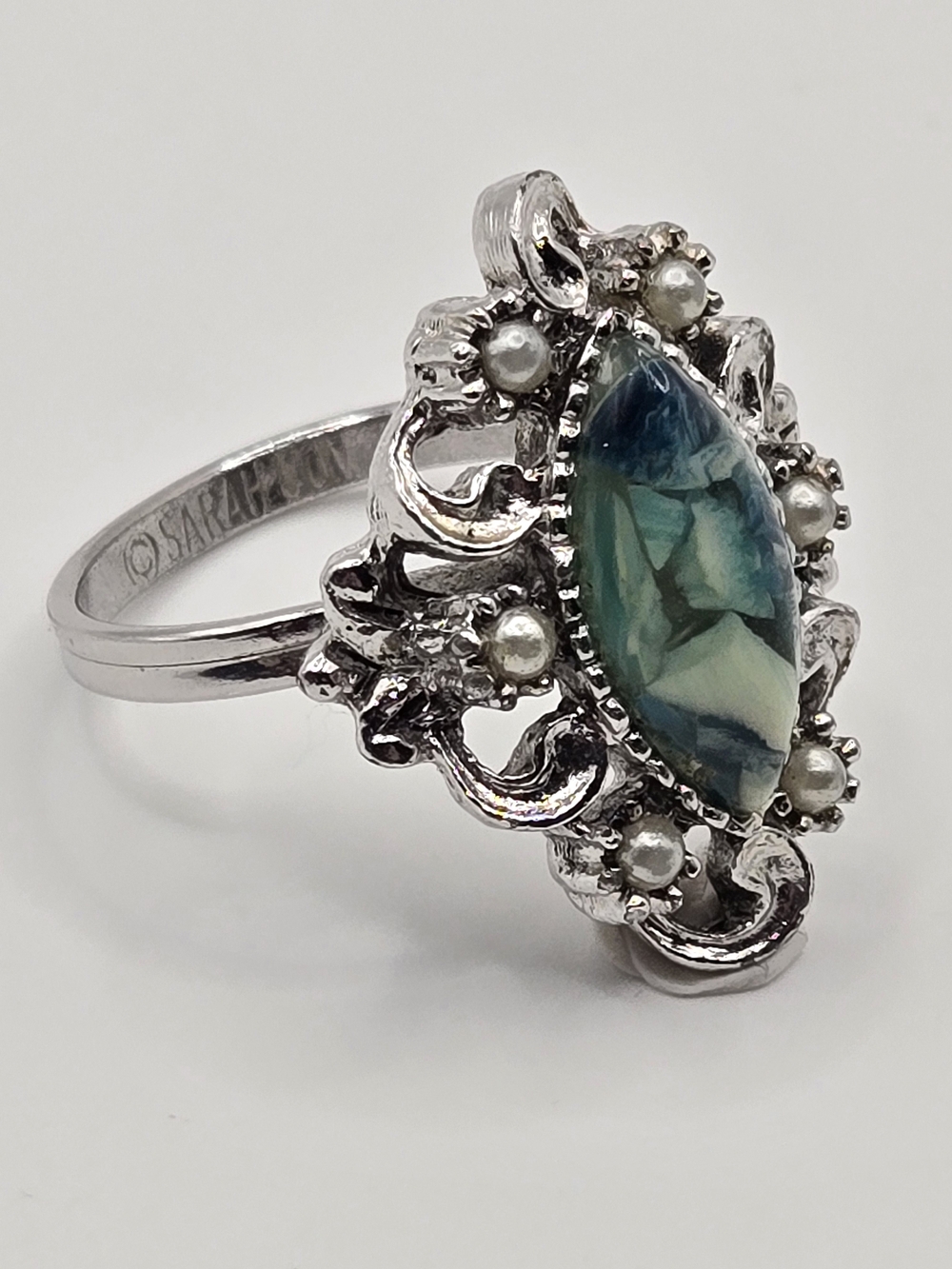 Vintage Sarah Cov Statement Ring – Blue & Green Marbled Cabochon